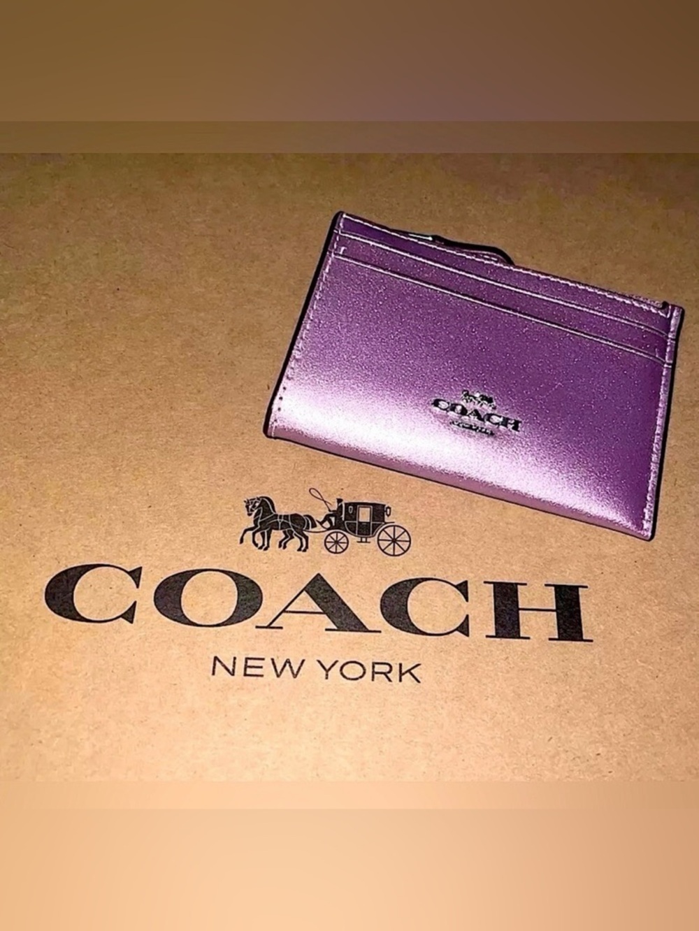 NWT COACH Mini Skinny ID Case Card Wallet Keychain Metallic Pink Leather AUTHNTC